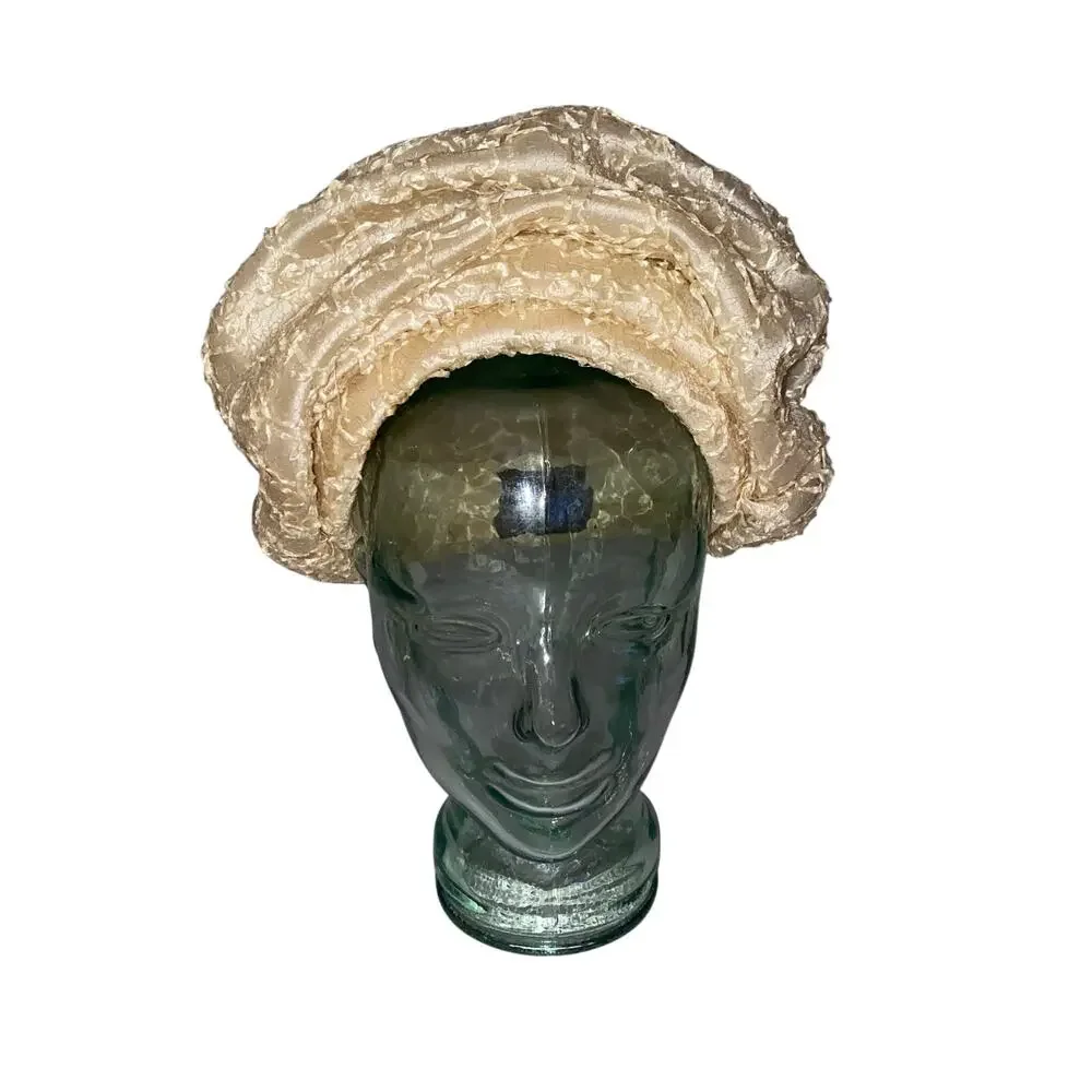 Vintage 1950s Sara Sue Champagne Textured Ruched Pillbox Hat feminine romantic